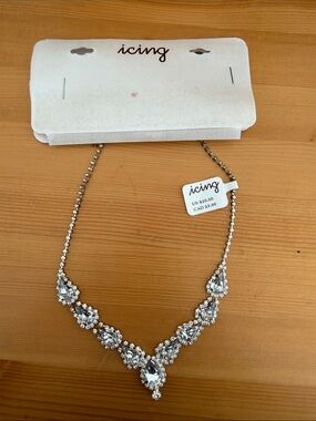 2/$7- Icing Silver Clear Crystal Teardrop Statement Necklace